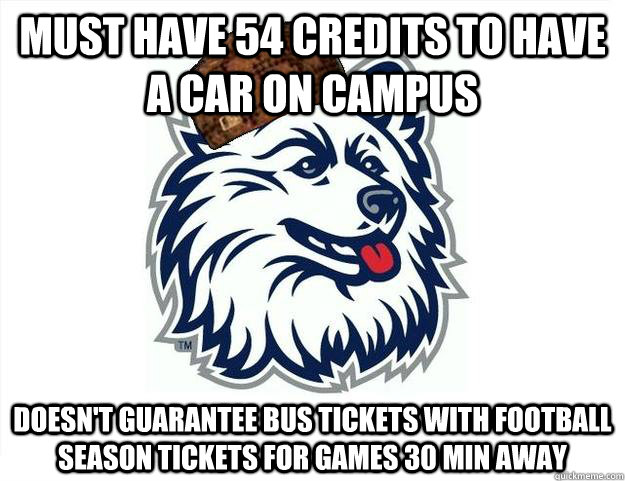 must have 54 credits to have a car on campus doesn't guarantee bus tickets with football season tickets for games 30 min away  