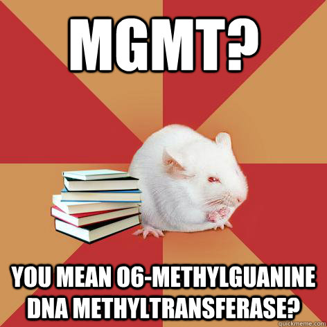 MGMT? You mean O6-methylguanine DNA methyltransferase?  Science Major Mouse