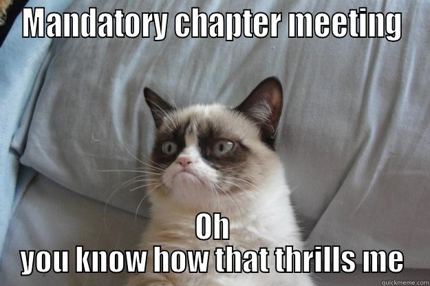 Every Monday: - MANDATORY CHAPTER MEETING OH YOU KNOW HOW THAT THRILLS ME Grumpy Cat