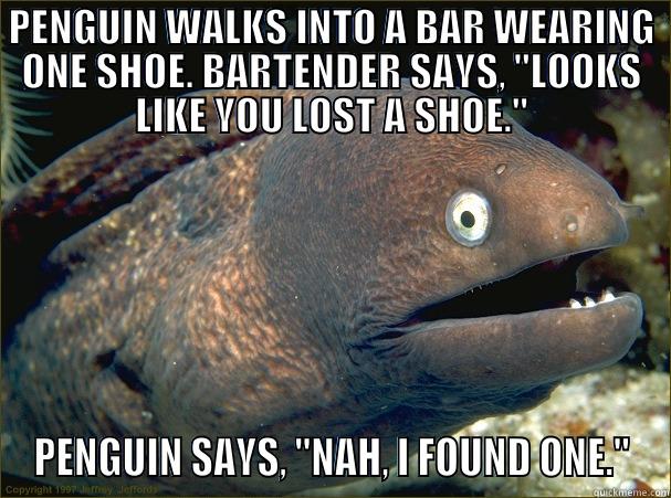 PENGUIN WALKS INTO A BAR WEARING ONE SHOE. BARTENDER SAYS, 