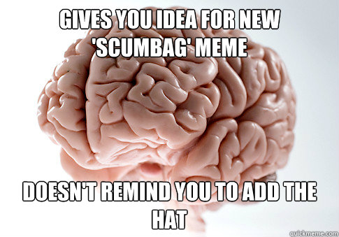 Gives you idea for new 'scumbag' meme Doesn't remind you to add the hat  Scumbag Brain