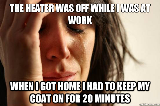 the heater was off while I was at work When i got home i had to keep my coat on for 20 minutes - the heater was off while I was at work When i got home i had to keep my coat on for 20 minutes  First World Problems