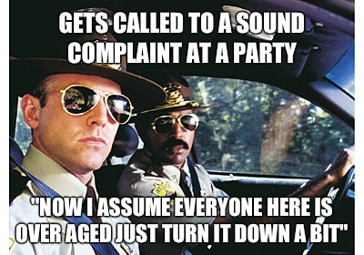 Gets called to a sound complaint at a party 