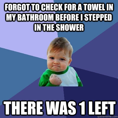 Forgot to check for a towel in my bathroom before i stepped in the shower There was 1 left  Success Kid