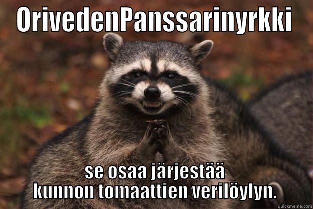 ORIVEDENPANSSARINYRKKI SE OSAA JÄRJESTÄÄ KUNNON TOMAATTIEN VERILÖYLYN. Evil Plotting Raccoon