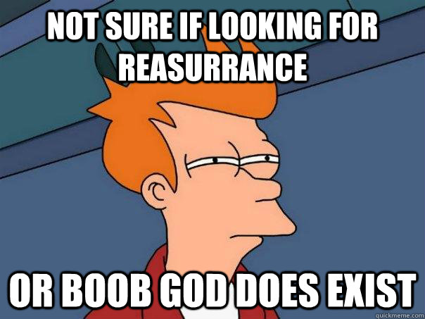 not sure if looking for reasurrance or boob god does exist  Futurama Fry