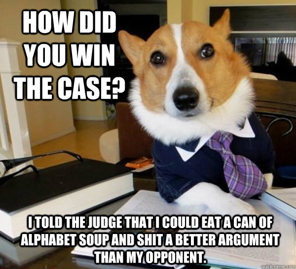 How did you win the case? I told the judge that I could eat a can of alphabet soup and shit a better argument than my opponent.  Lawyer Dog