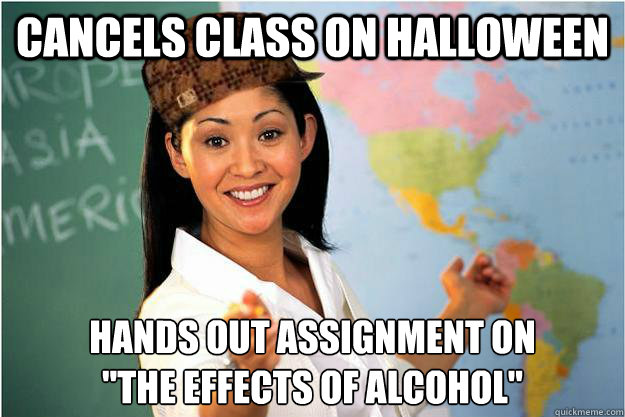 Cancels class on Halloween Hands out assignment on 
