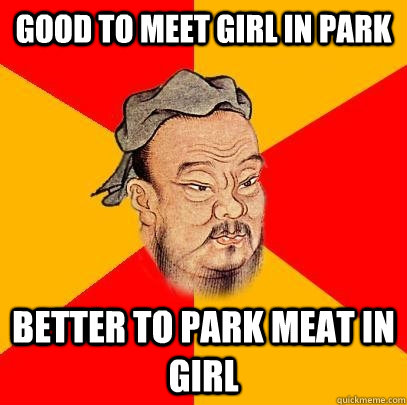 Good to meet girl in park Better to park meat in girl  Confucius says