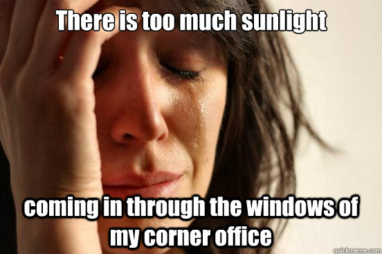 There is too much sunlight coming in through the windows of my corner office  First World Problems