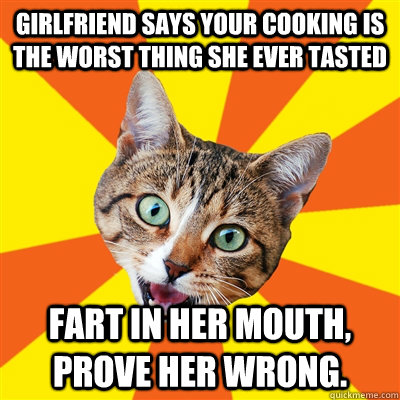 Girlfriend says your cooking is the worst thing she ever tasted  fart in her mouth, prove her wrong.  Bad Advice Cat