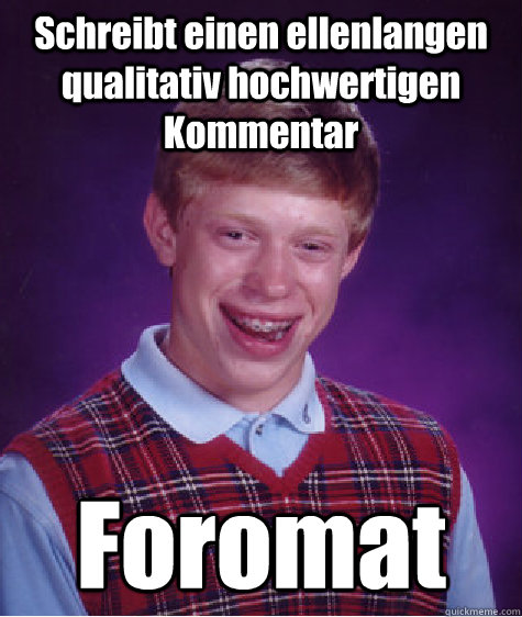 Schreibt einen ellenlangen qualitativ hochwertigen Kommentar Foromat  Bad Luck Brian