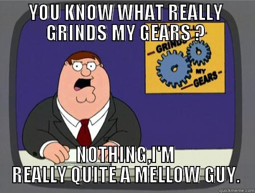 YOU KNOW WHAT REALLY GRINDS MY GEARS ? NOTHING,I'M REALLY QUITE A MELLOW GUY. Grinds my gears