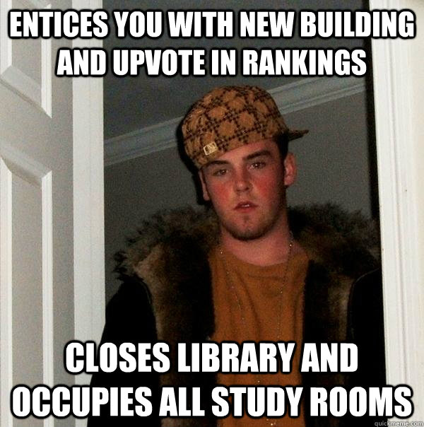 Entices you with new building and upvote in rankings closes library and occupies all study rooms  Scumbag Steve