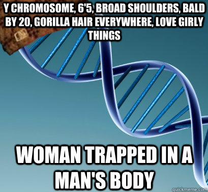 Y Chromosome, 6'5, broad shoulders, bald by 20, gorilla hair everywhere, love girly things   Woman trapped in a Man's body  Scumbag DNA