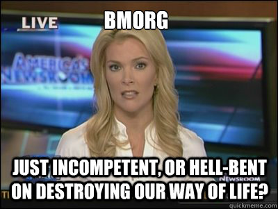 BMORG just incompetent, or hell-bent on destroying our way of life?  Megyn Kelly