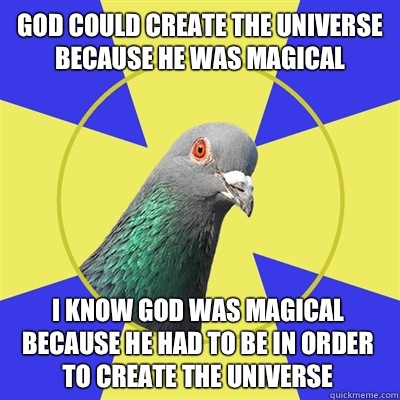 God could create the universe because he was magical  I know god was magical because he had to be in order to create the universe   Religion Pigeon