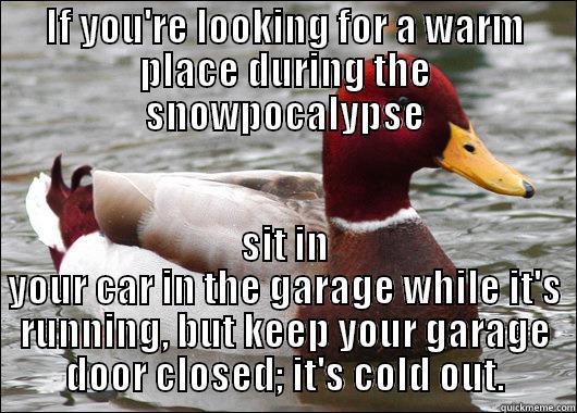 IF YOU'RE LOOKING FOR A WARM PLACE DURING THE SNOWPOCALYPSE SIT IN YOUR CAR IN THE GARAGE WHILE IT'S RUNNING, BUT KEEP YOUR GARAGE DOOR CLOSED; IT'S COLD OUT. Malicious Advice Mallard