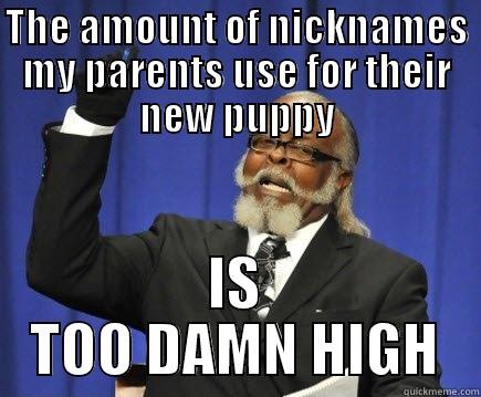 THE AMOUNT OF NICKNAMES MY PARENTS USE FOR THEIR NEW PUPPY IS TOO DAMN HIGH Too Damn High