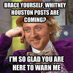 brace yourself, whitney houston posts are coming? i'm so glad you are here to warn me - brace yourself, whitney houston posts are coming? i'm so glad you are here to warn me  Condescending Wonka