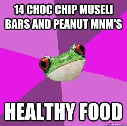 14 choc chip museli bars and peanut mnm's healthy food  Foul Bachelorette Frog