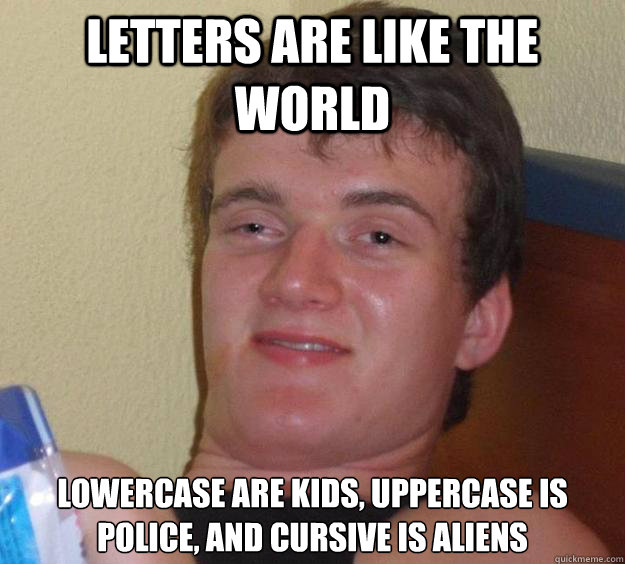 letters are like the world lowercase are kids, uppercase is police, and cursive is aliens - letters are like the world lowercase are kids, uppercase is police, and cursive is aliens  10 Guy