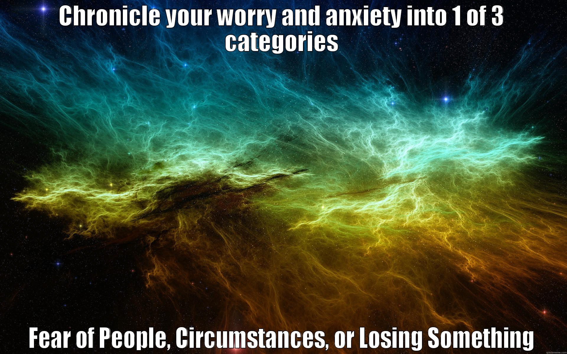 CHRONICLE YOUR WORRY AND ANXIETY INTO 1 OF 3 CATEGORIES FEAR OF PEOPLE, CIRCUMSTANCES, OR LOSING SOMETHING Misc