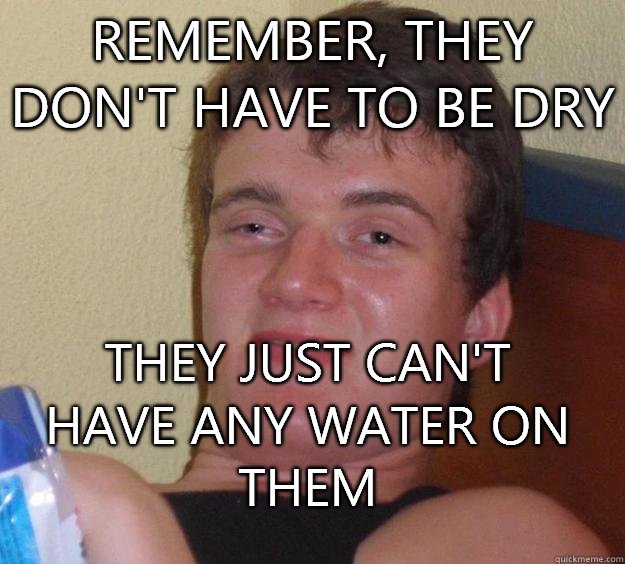 Remember, they don't have to be dry They just can't have any water on them - Remember, they don't have to be dry They just can't have any water on them  10 Guy