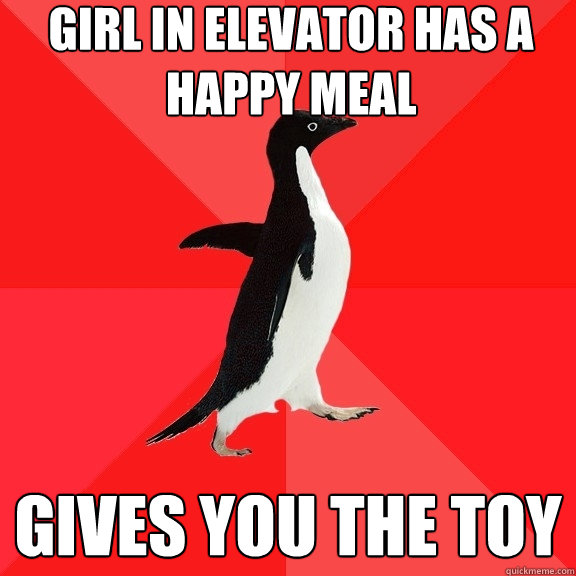 Girl in elevator has a happy meal Gives you the toy  Socially Awesome Penguin