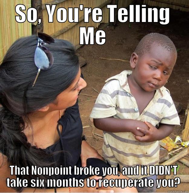 SO, YOU'RE TELLING ME THAT NONPOINT BROKE YOU, AND IT DIDN'T TAKE SIX MONTHS TO RECUPERATE YOU? Skeptical Third World Kid