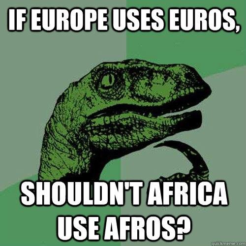 If europe uses euros, shouldn't africa use afros? - If europe uses euros, shouldn't africa use afros?  Philosoraptor