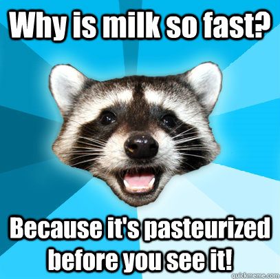 Why is milk so fast? Because it's pasteurized before you see it!  - Why is milk so fast? Because it's pasteurized before you see it!   Lame Pun Coon