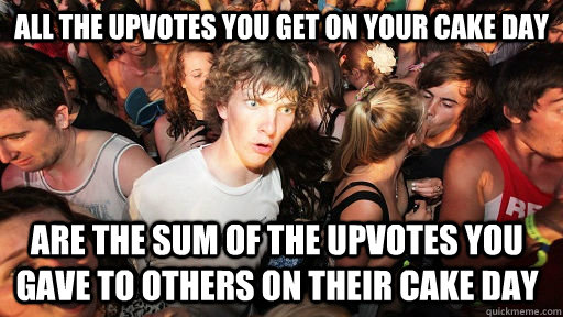 All the upvotes you get on your cake day are the sum of the upvotes you gave to others on their cake day - All the upvotes you get on your cake day are the sum of the upvotes you gave to others on their cake day  Sudden Clarity Clarence