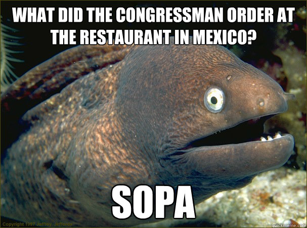 What did the congressman order at the restaurant in Mexico? SOPA  Bad Joke Eel