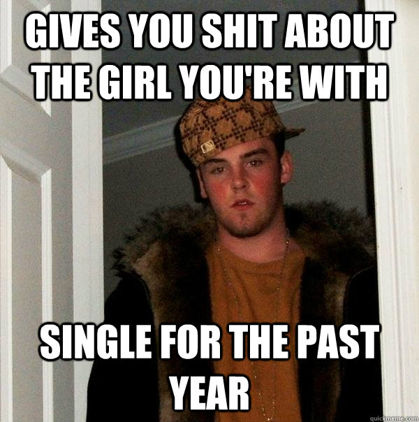 Gives you shit about the girl you're with single for the past year   Scumbag Steve