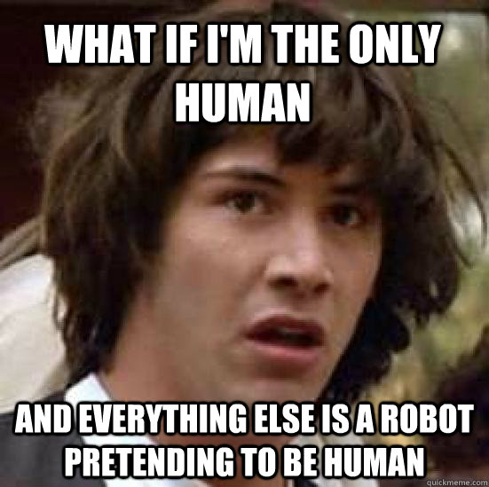 What if i'm the only human and everything else is a robot pretending to be human  conspiracy keanu