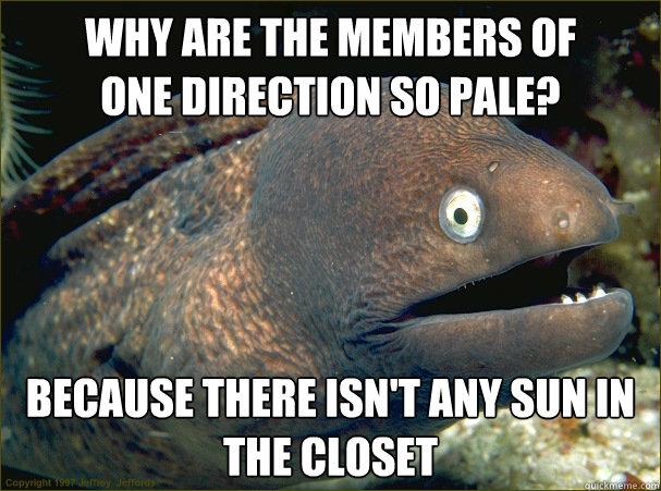 Why are the members of 
one direction so pale? because there isn't any sun in the closet   Bad Joke Eel