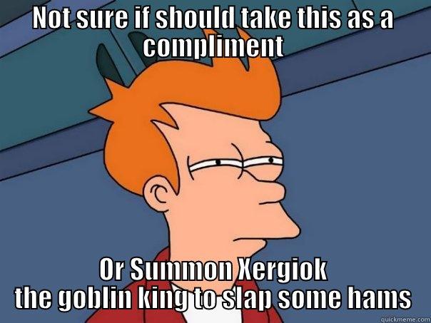 NOT SURE IF SHOULD TAKE THIS AS A COMPLIMENT OR SUMMON XERGIOK THE GOBLIN KING TO SLAP SOME HAMS Futurama Fry