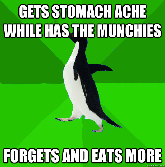 Gets stomach ache while has the munchies forgets and eats more  Stoner Penguin