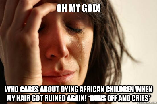 Oh my god! Who cares about dying African children when my hair got ruined again! *runs off and cries*  First World Problems