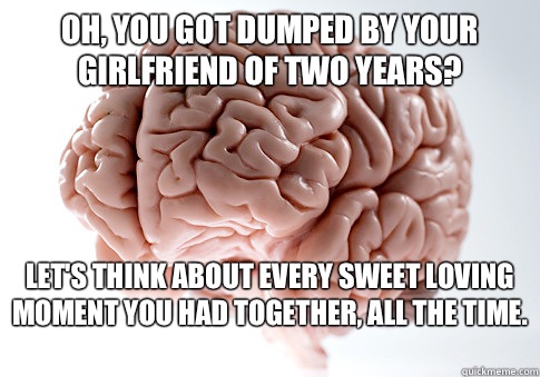 Oh, you got dumped by your girlfriend of two years? Let's think about every sweet loving moment you had together, all the time.   Scumbag Brain