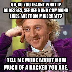 Oh, so you learnt what IP adresses, Servers and Command Lines are from Minecraft?   Tell me more about how much of a hacker you are.  Condescending Wonka