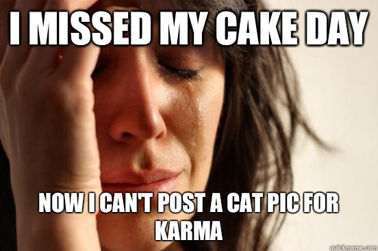 I missed my cake day now I can't post a cat pic for karma  First World Problems