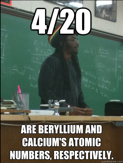 4/20 are Beryllium and Calcium's atomic numbers, respectively.  Rasta Science Teacher