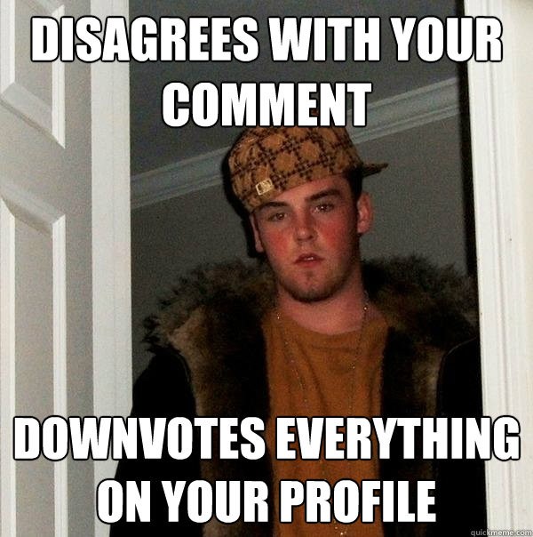 Disagrees with your comment downvotes everything on your profile - Disagrees with your comment downvotes everything on your profile  Scumbag Steve