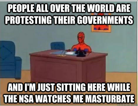 People all over the world are protesting their governments and i'm just sitting here while the NSA watches me masturbate   
