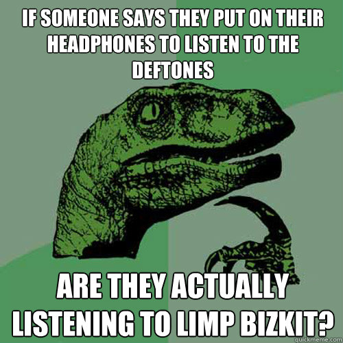 If someone says they put on their headphones to listen to the deftones are they actually listening to limp bizkit? - If someone says they put on their headphones to listen to the deftones are they actually listening to limp bizkit?  Philosoraptor