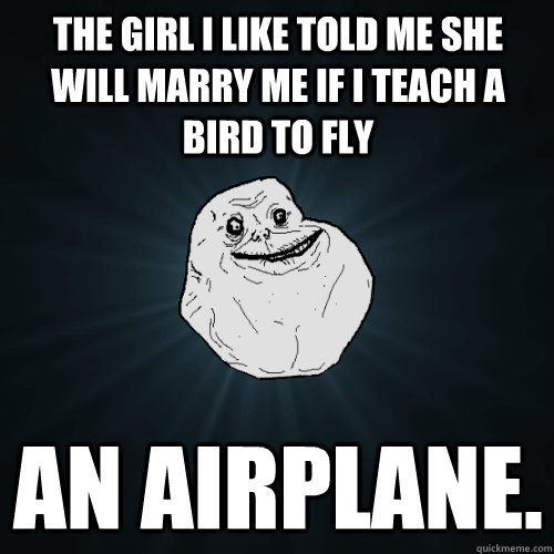 The girl i like told me she will marry me if i teach a bird to fly An airplane.  Forever Alone