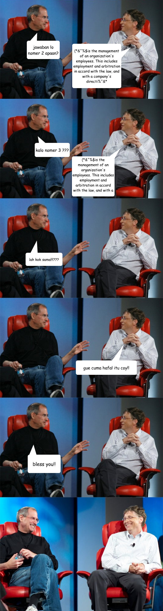 jawaban lo nomer 2 apaan? (*&^%$is the management of an organization's employees. This includes employment and arbitration in accord with the law, and with a company's directi%^&* kalo nomer 3 ??? (*&^%$is the management of an organization's employees. Th  Steve Jobs vs Bill Gates