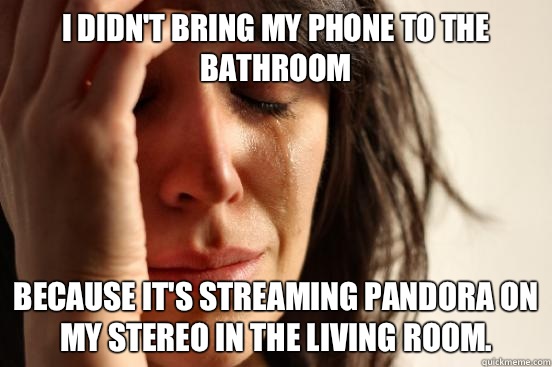 I didn't bring my phone to the bathroom because it's streaming Pandora on my stereo in the living room.  First World Problems